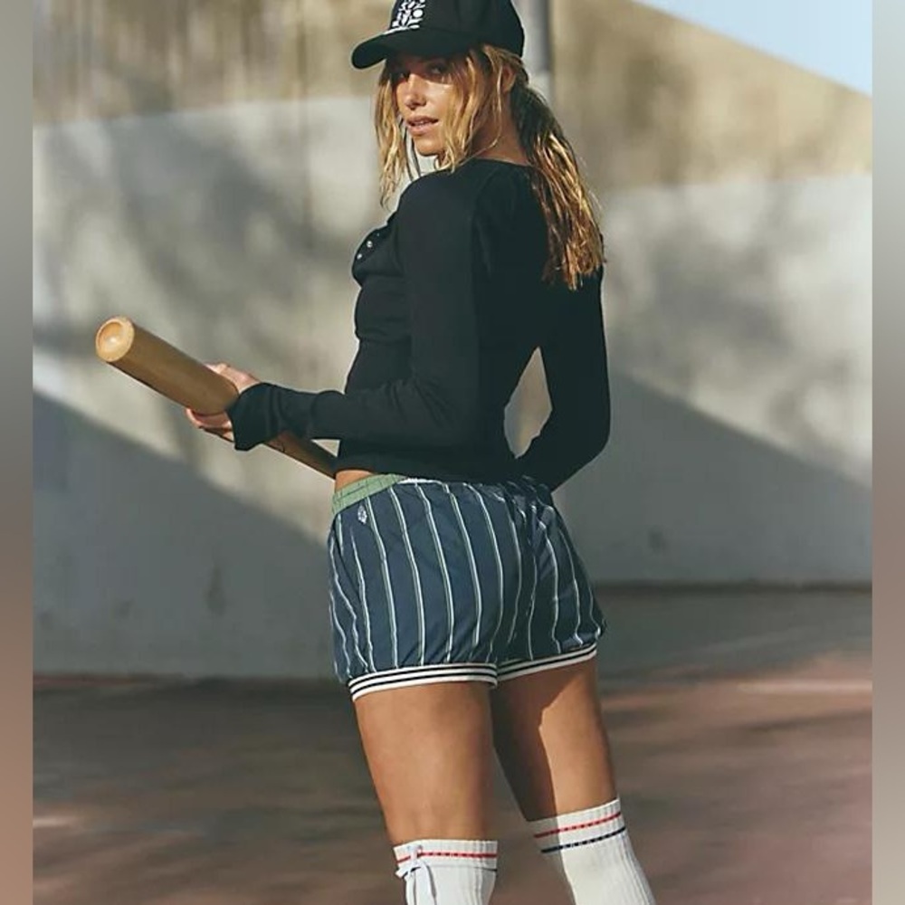 Free People Navy Blue Striped Athletic Shorts